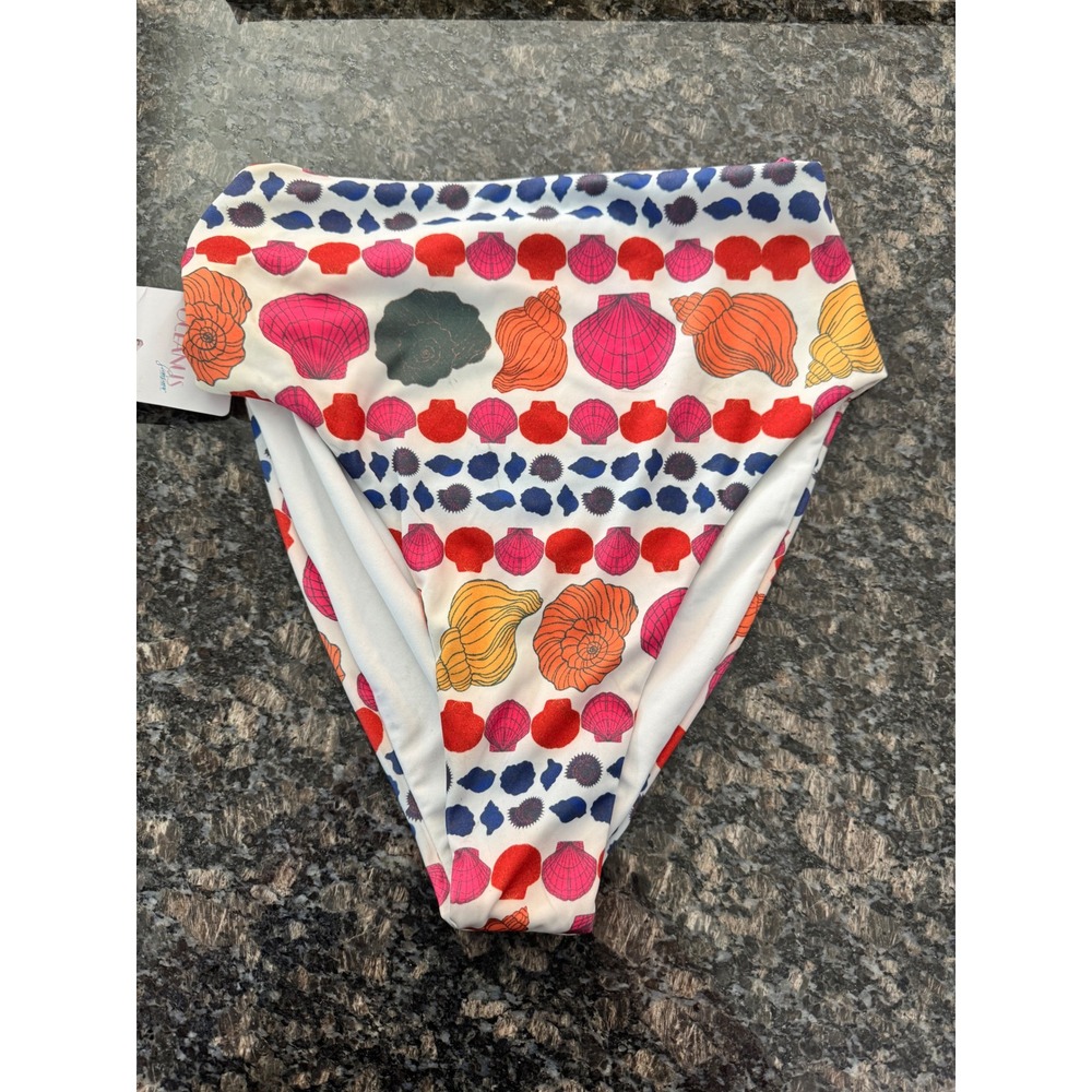 Oceanus Swimwear‎ Lia High Waisted Bikini Bottom Seashell Print White Pink Small